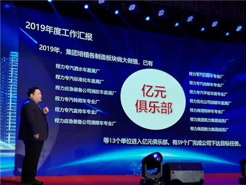 程力汽車集團總經(jīng)理程阿羅向大會作主題演講報告，并全面部署2020年工作計劃。 程力集團公司總經(jīng)理向年會報告2019年工作完成情況，以及2020年主要工作任務和集團“四五”規(guī)劃及長遠規(guī)劃的有關情況。 他講到，剛剛過去的2019年，程力公司面臨國內外汽車市場低迷的不利形勢，集團廣大干部職工團結一心，發(fā)揚頑強拼搏、銳意進取的精神，用汗水詮釋責任，實干篤定前行，使集團公司的生產經(jīng)營實現(xiàn)了逆勢上揚。程力專汽全年產值突破60億元，同比增長20%，出口創(chuàng)匯3050萬美元，上交稅金6468萬元，底盤銷售突破2萬臺